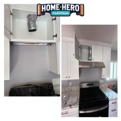 Kitchen range hood installed under white cabinets, before and after