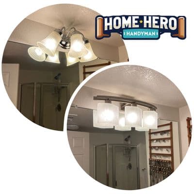 Old bathroom ceiling light replaced with a modern four-shade fixture