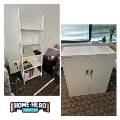 Assembled ladder shelf and locking storage cabinet in an office