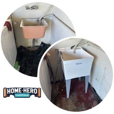 Old stained utility sink replaced with a clean freestanding unit