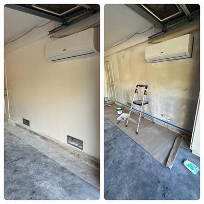 Rental garage wall repaired and repainted during unit turnover, before and after