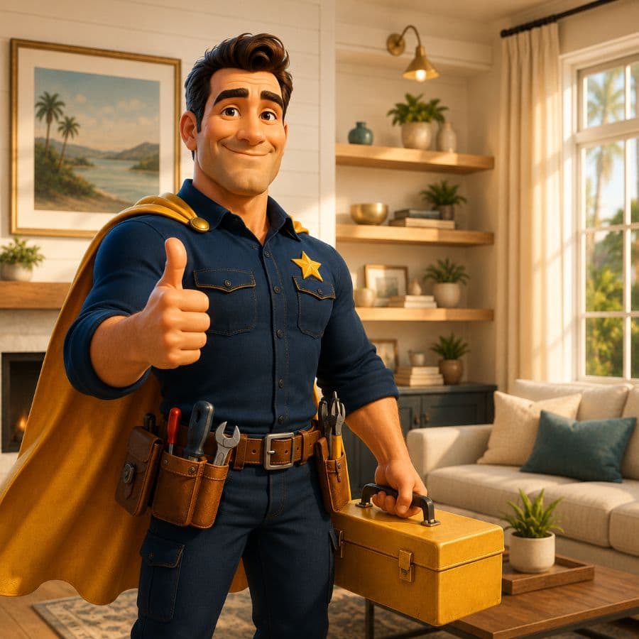 Home Hero mascot giving a thumbs up with a golden toolbox in a freshly renovated living room