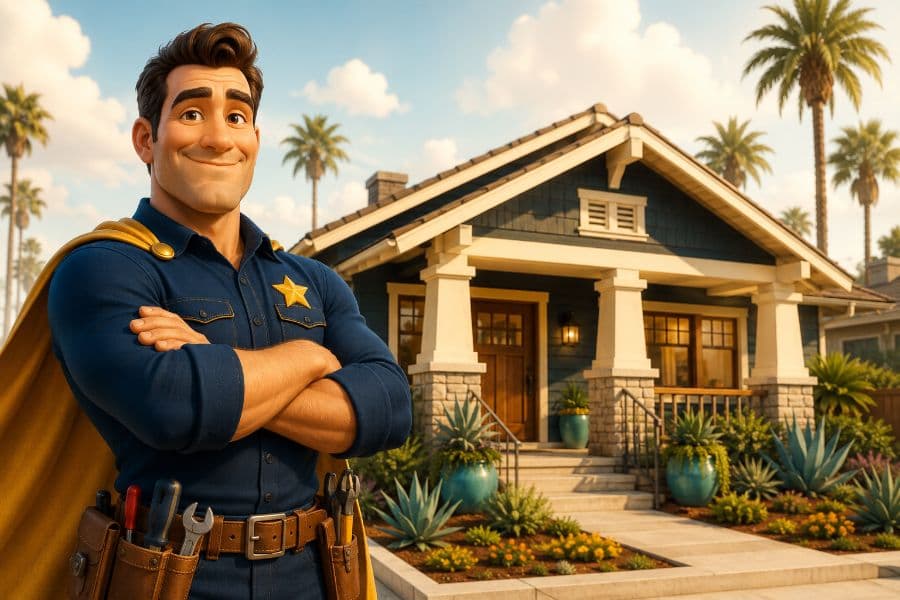 Home Hero mascot — a friendly handyman superhero in navy uniform with a golden cape, standing in front of a Los Angeles home